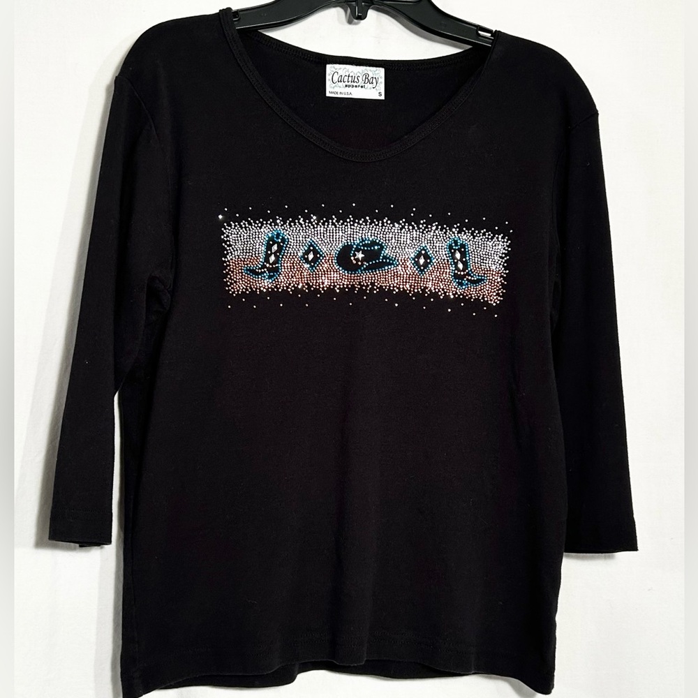 WOMENS SMALL WESTERN STUDDED COWBOY BOOTS HAT BLACK 3/4 SLEEVE T- SHIRT